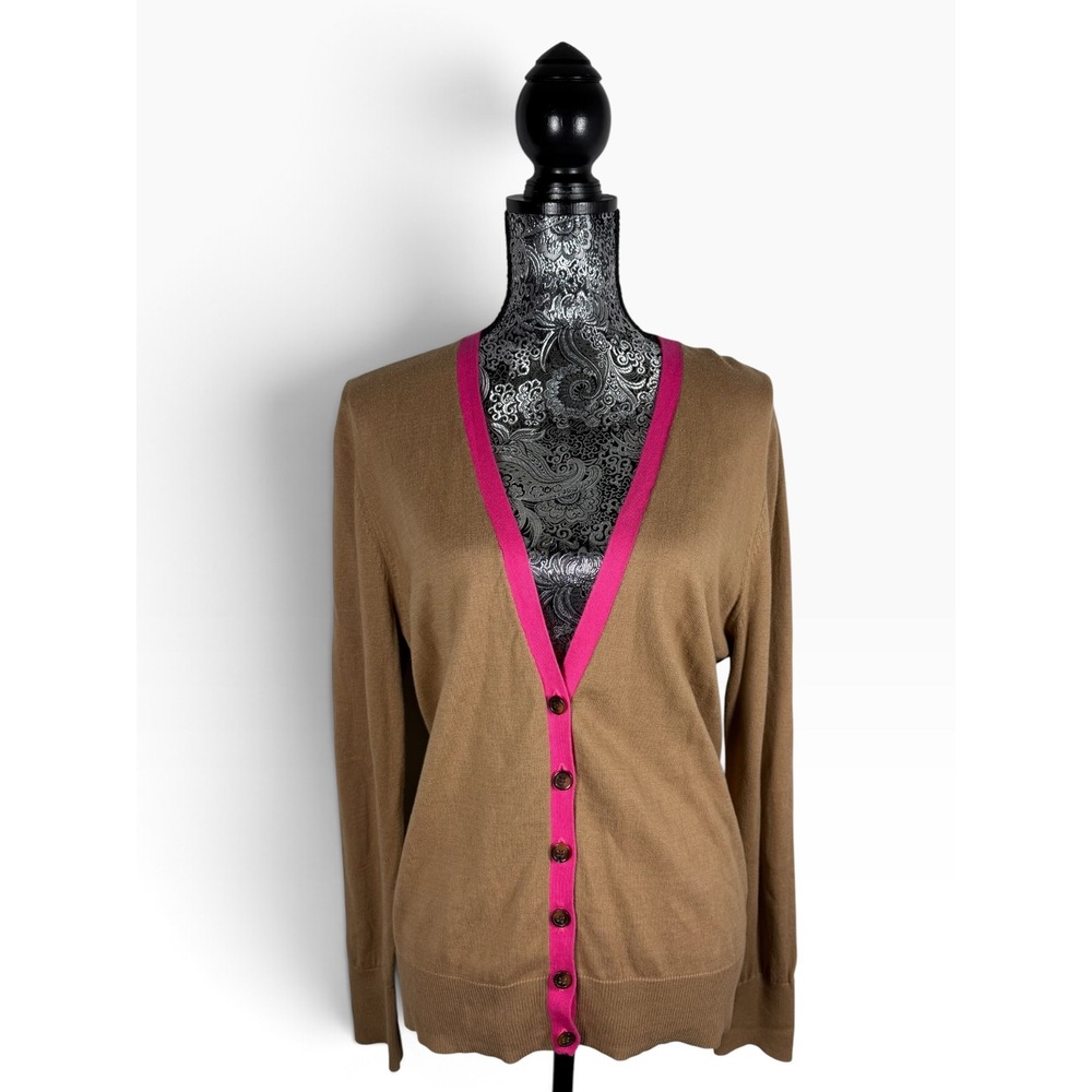 Old Navy XL Tan Brown Cardigan Sweater Pink Trim Button Front Preppy